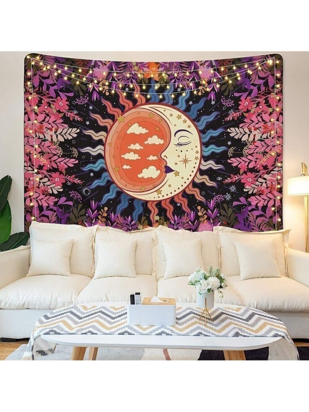 𝅺PSYCHEDELIC Moon Stars Garden Flower Tapestry Mandala Living Room Bedroom Dorm